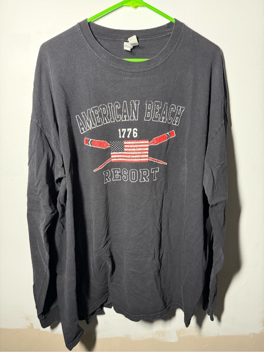 Gildan Black Long Sleeve Graphic Tee with Red & White Flag Accent